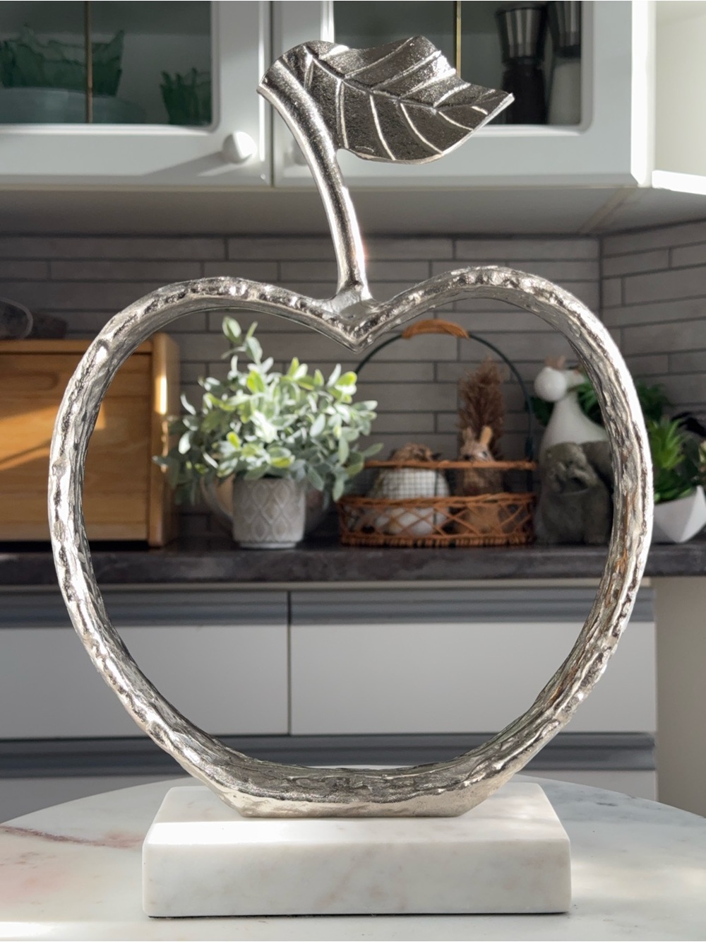 Decorative Metallic Apple Sculpture - Silver on Marble Base
